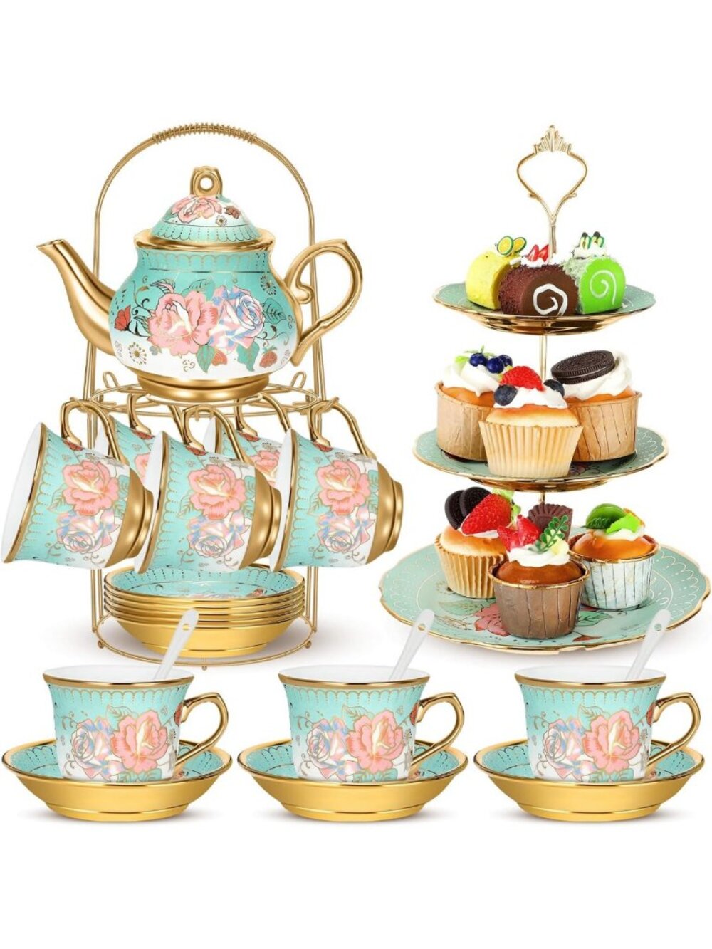 Elegant 21-Piece Porcelain Tea Set with 3-Tier Dessert Stand - Green Summer
